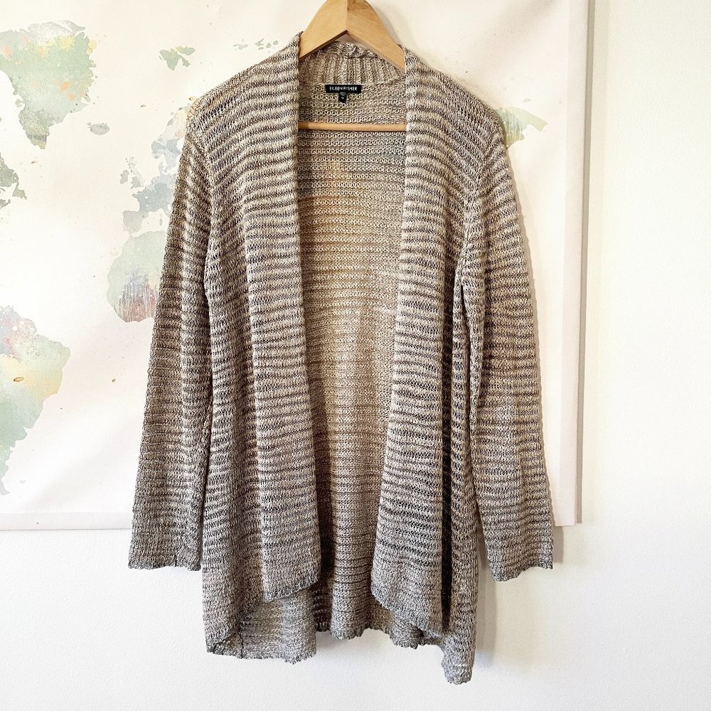 Eileen Fisher Linen Open Knit Cardigan Sweater Size Medium Beige Silver Metallic